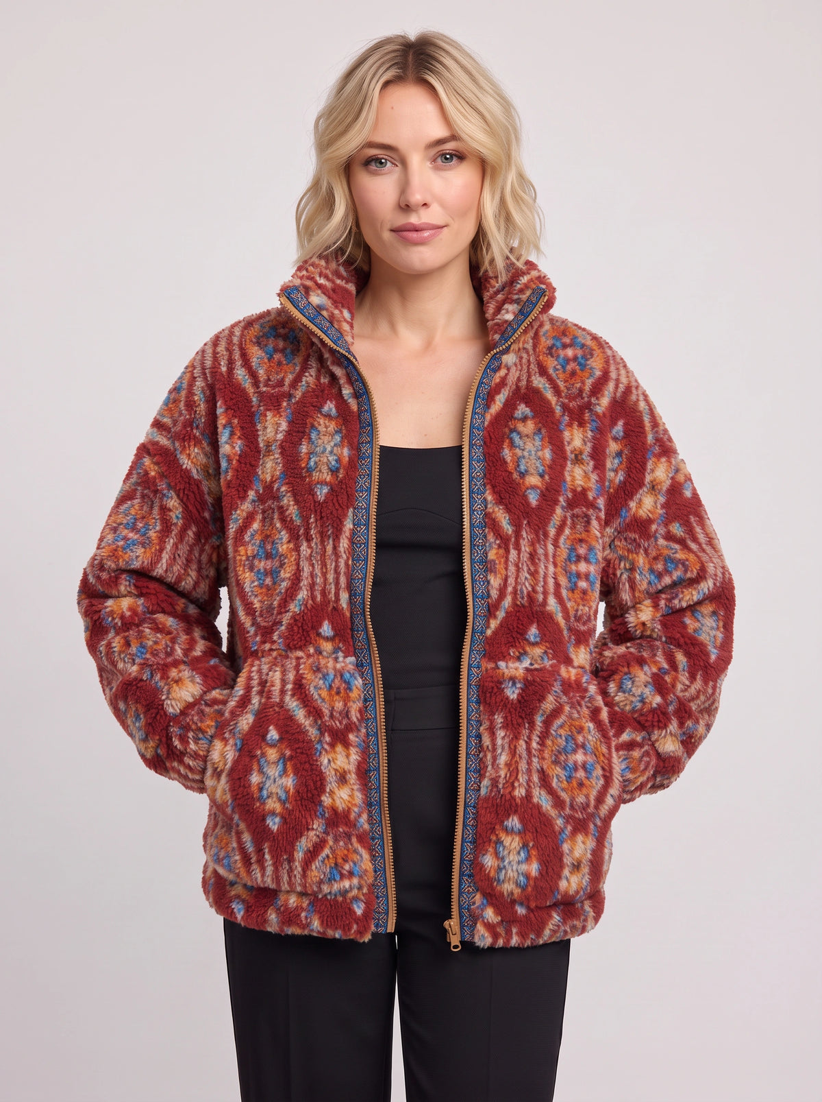 Taprique Patterned Fleece Jacket – Geometric Aztec Print Funnel Neck Zip-Up Women Oversized Sherpa Jacket