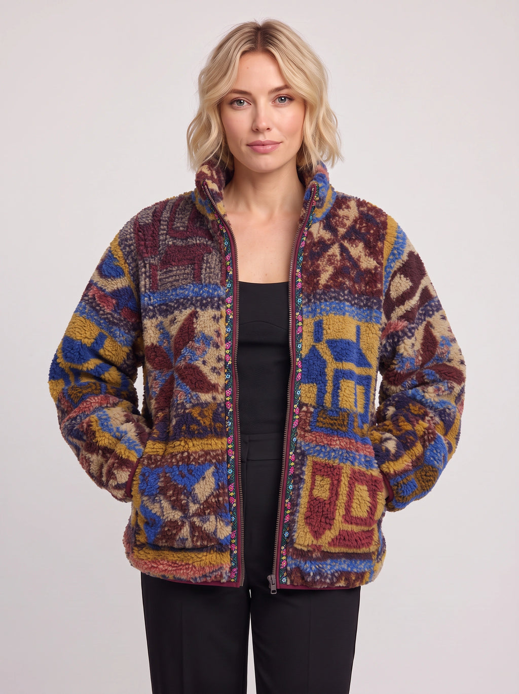 Taprique Patterned Fleece Jacket – Geometric Aztec Print Funnel Neck Zip-Up Women Oversized Sherpa Jacket