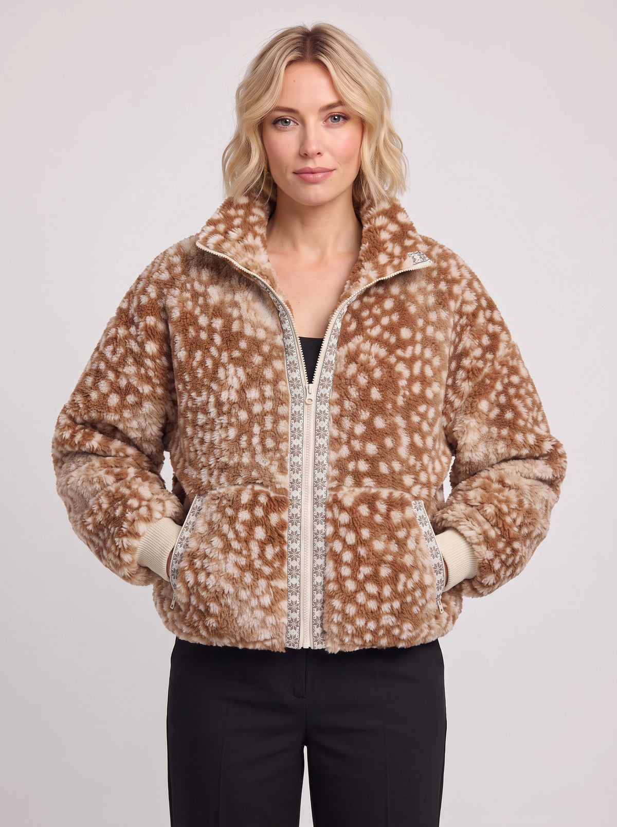 Taprique Patterned Fleece Jacket – Geometric Aztec Print Funnel Neck Zip-Up Women Oversized Sherpa Jacket