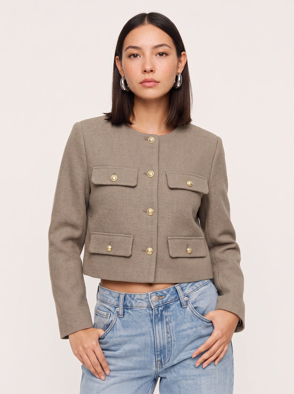 Flapoque Cropped Utility Jacket – Women Collarless Button Front Casual Office Autumn Cropped Jacket