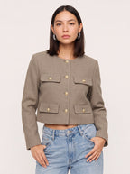 Flapoque Cropped Utility Jacket – Women Collarless Button Front Casual Office Autumn Cropped Jacket