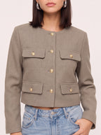 Flapoque Cropped Utility Jacket – Women Collarless Button Front Casual Office Autumn Cropped Jacket