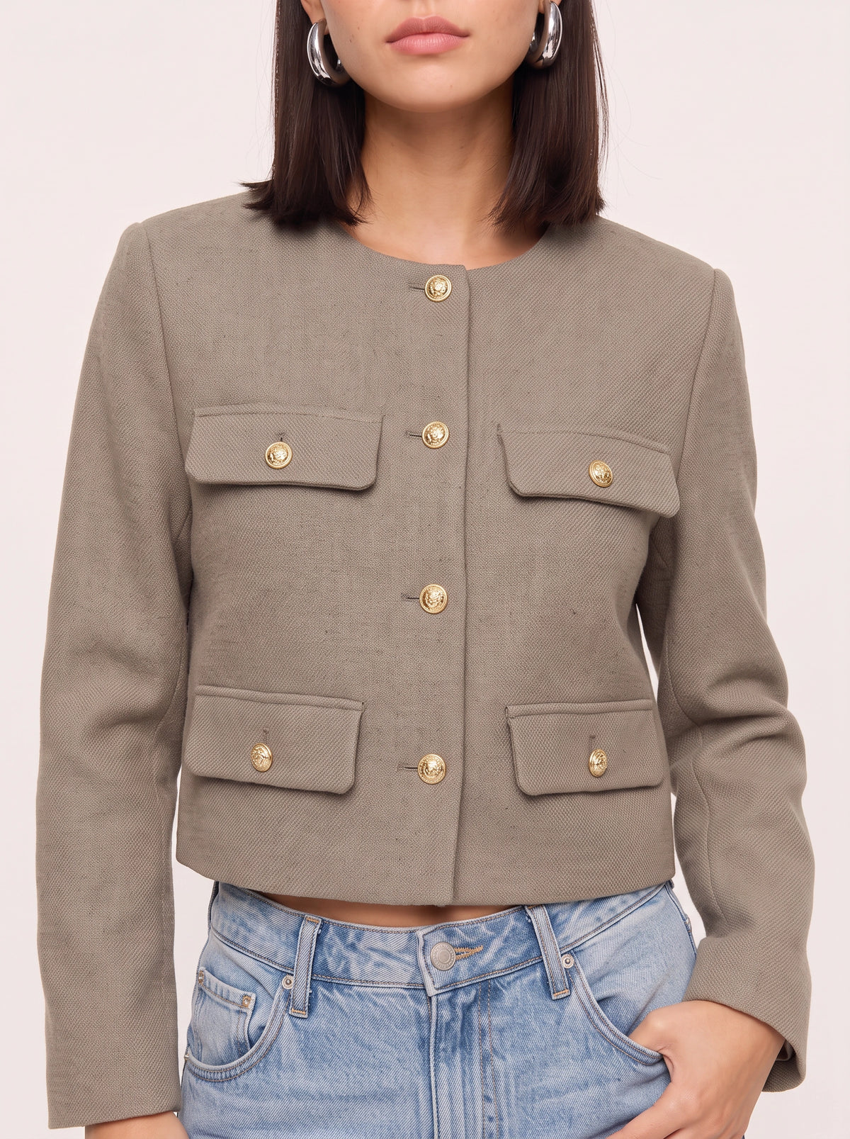 Flapoque Cropped Utility Jacket – Women Collarless Button Front Casual Office Autumn Cropped Jacket