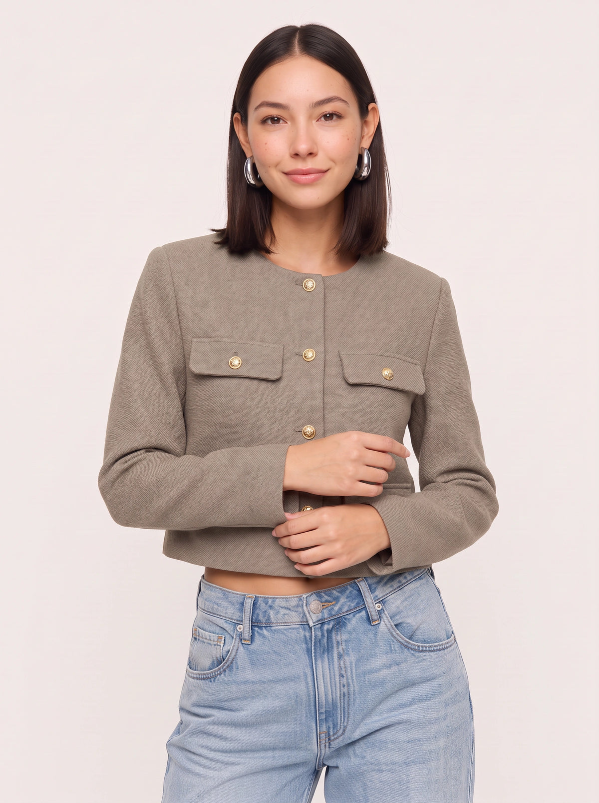 Flapoque Cropped Utility Jacket – Women Collarless Button Front Casual Office Autumn Cropped Jacket