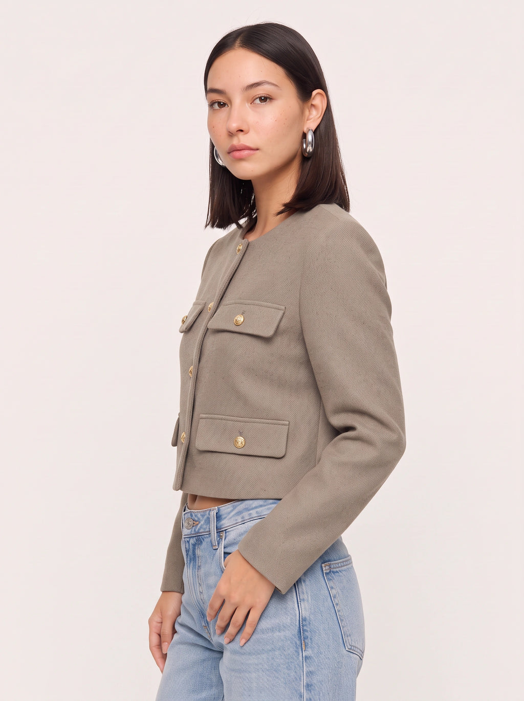 Flapoque Cropped Utility Jacket – Women Collarless Button Front Casual Office Autumn Cropped Jacket
