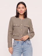 Flapoque Cropped Utility Jacket – Women Collarless Button Front Casual Office Autumn Cropped Jacket