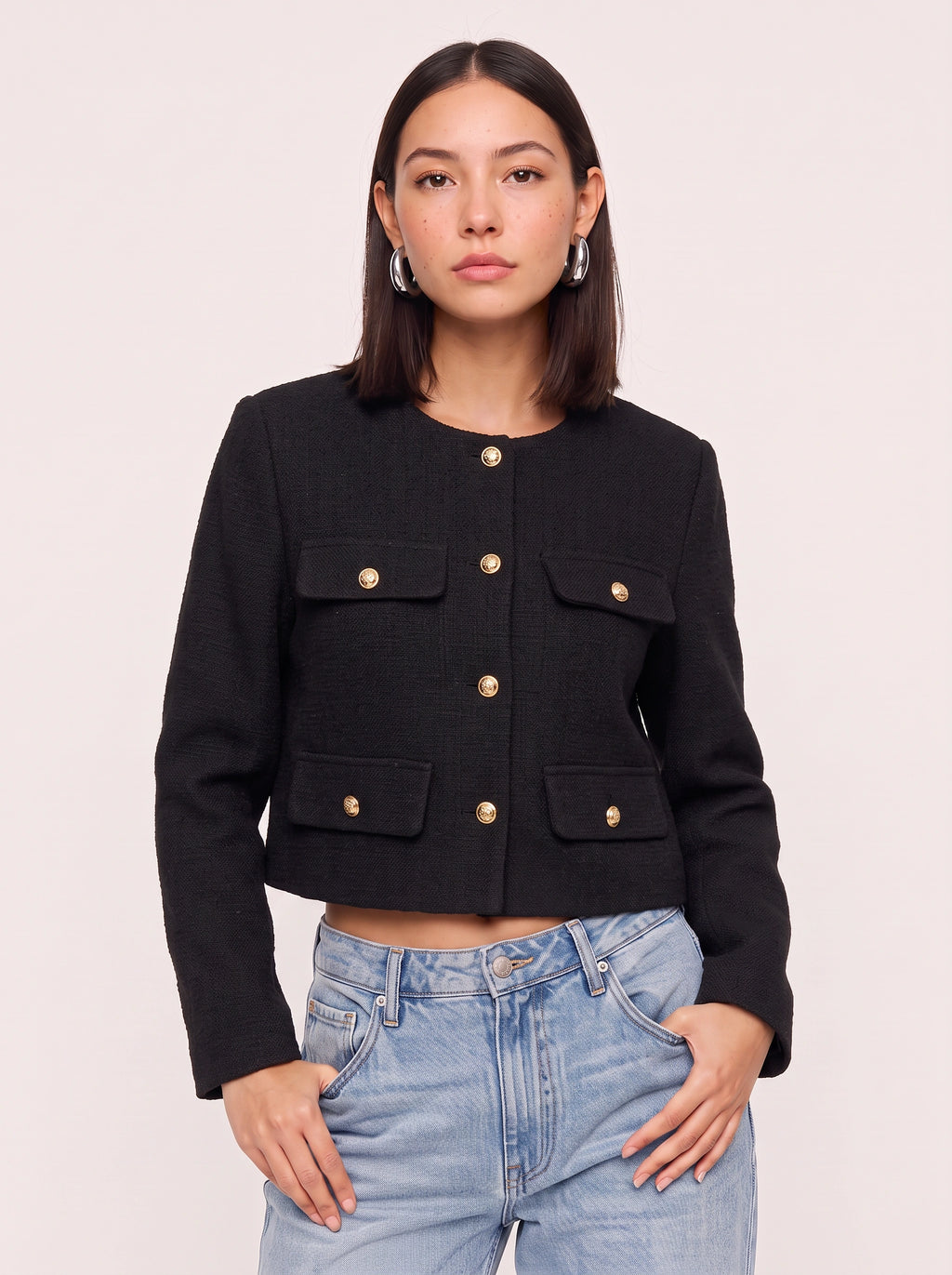 Flapoque Cropped Utility Jacket – Women Collarless Button Front Casual Office Autumn Cropped Jacket
