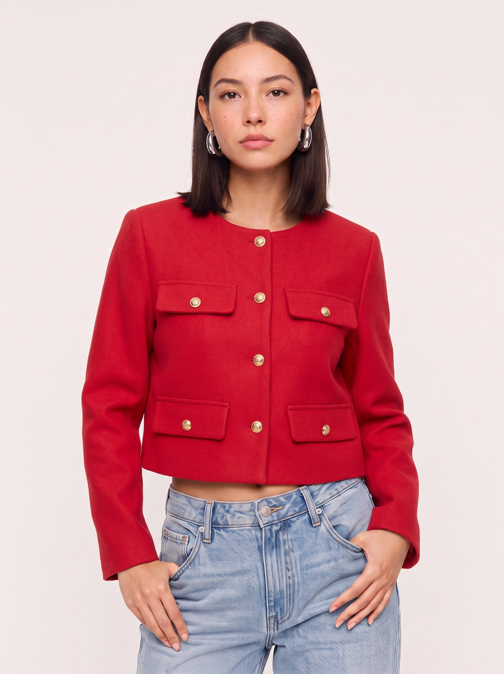 Flapoque Cropped Utility Jacket – Women Collarless Button Front Casual Office Autumn Cropped Jacket