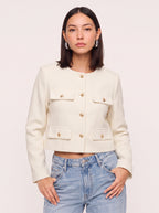 Flapoque Cropped Utility Jacket – Women Collarless Button Front Casual Office Autumn Cropped Jacket