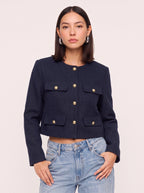 Flapoque Cropped Utility Jacket – Women Collarless Button Front Casual Office Autumn Cropped Jacket