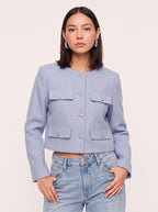 Flapoque Cropped Utility Jacket – Women Collarless Button Front Casual Office Autumn Cropped Jacket