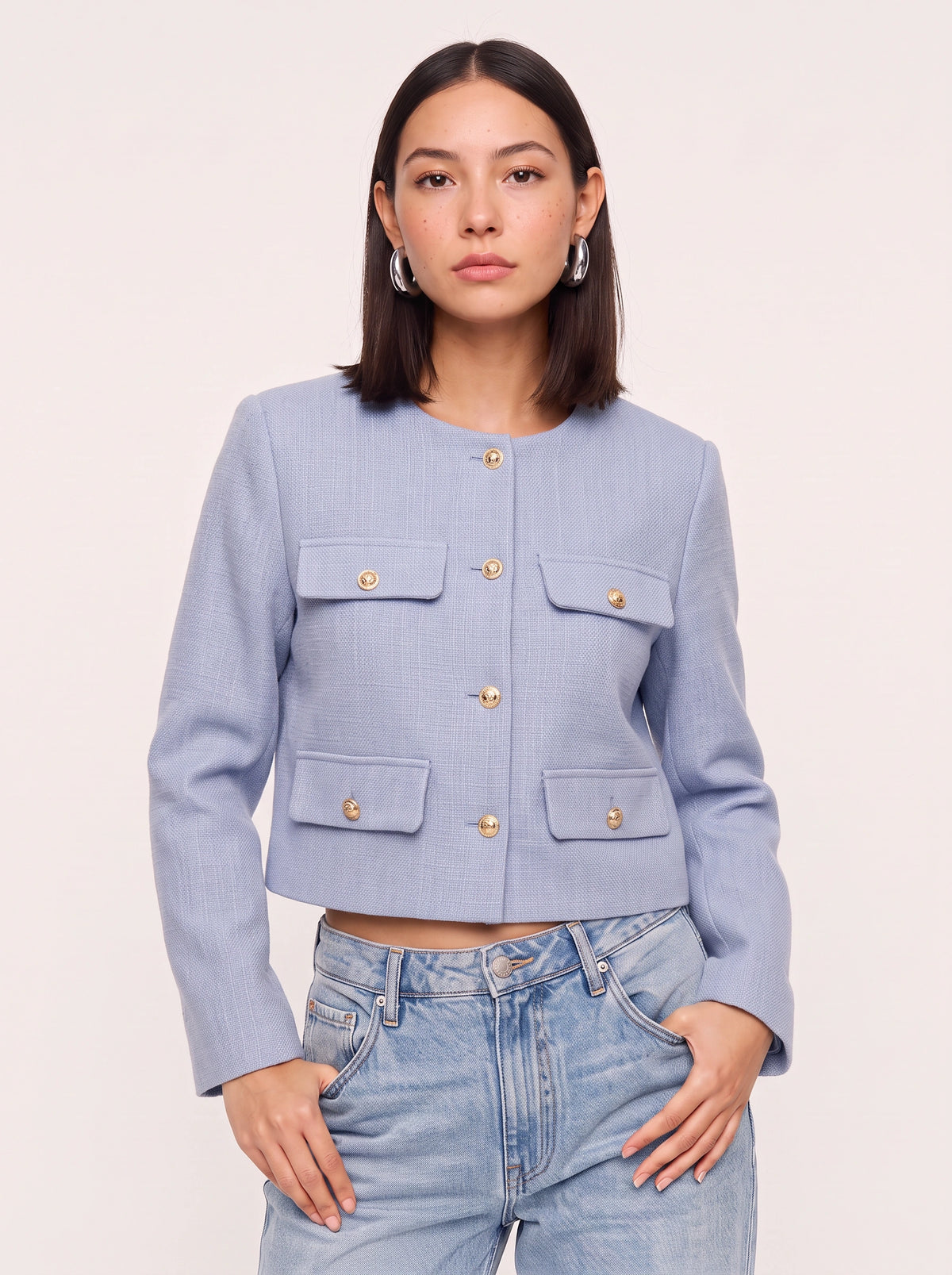 Flapoque Cropped Utility Jacket – Women Collarless Button Front Casual Office Autumn Cropped Jacket