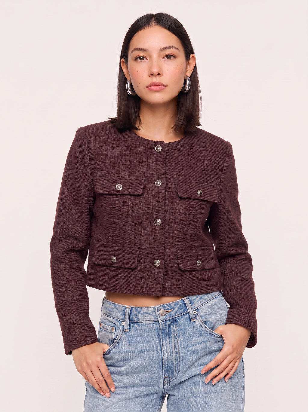 Flapoque Cropped Utility Jacket – Women Collarless Button Front Casual Office Autumn Cropped Jacket