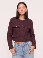 Flapoque Cropped Utility Jacket – Women Collarless Button Front Casual Office Autumn Cropped Jacket