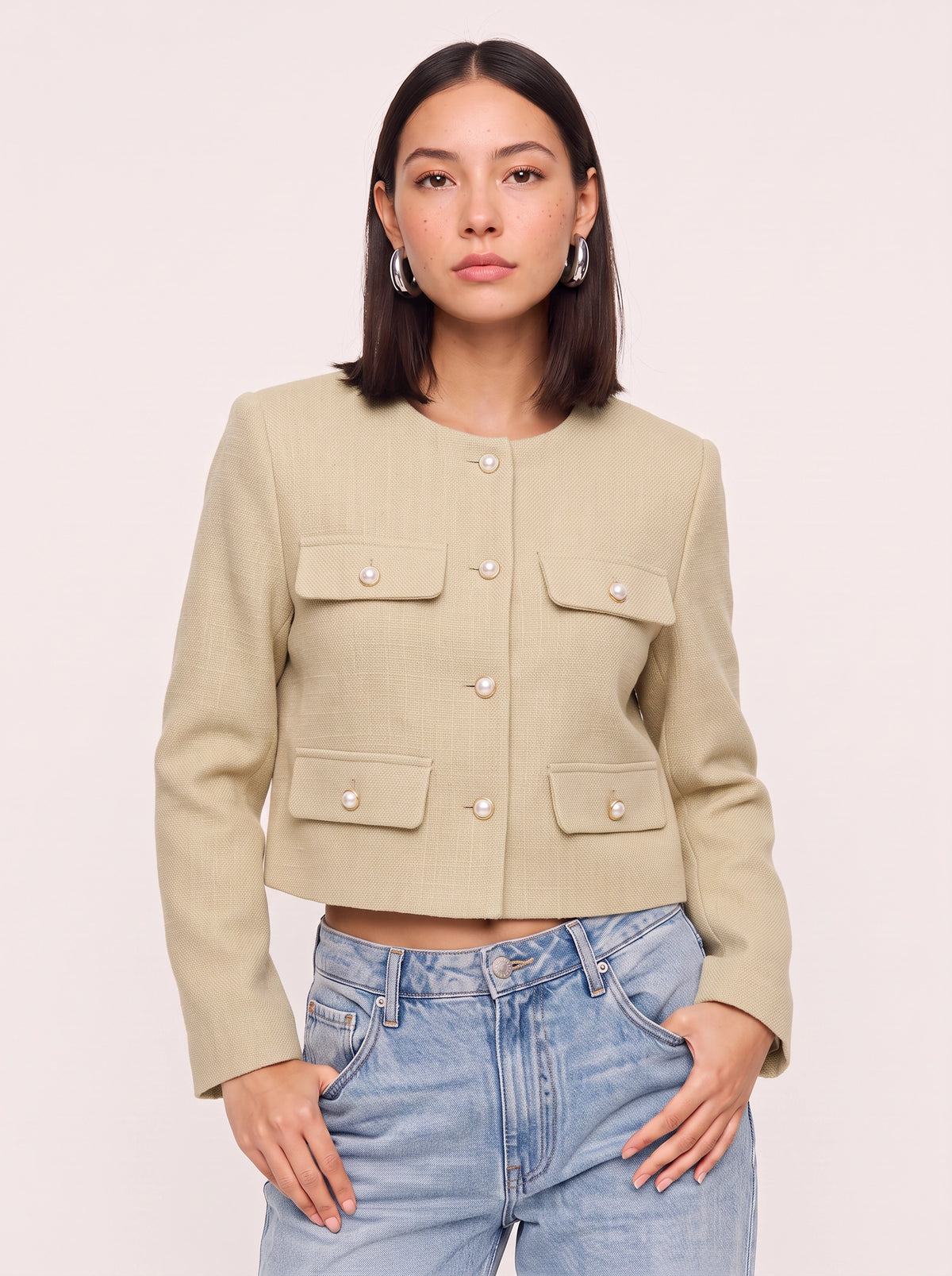 Flapoque Cropped Utility Jacket – Women Collarless Button Front Casual Office Autumn Cropped Jacket