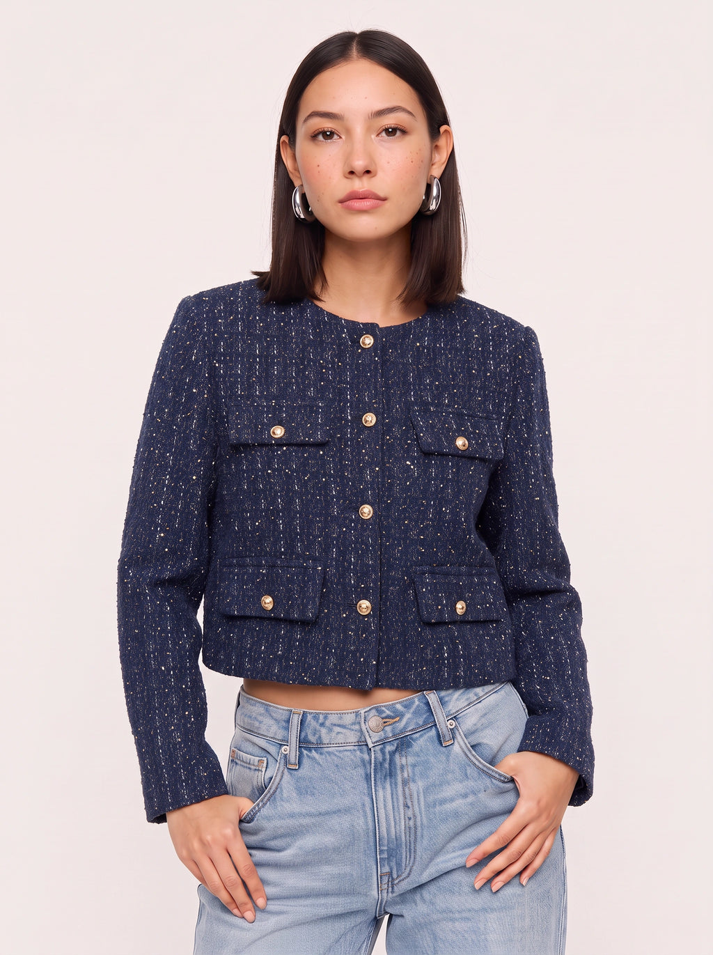 Flapoque Cropped Utility Jacket – Women Collarless Button Front Casual Office Autumn Cropped Jacket