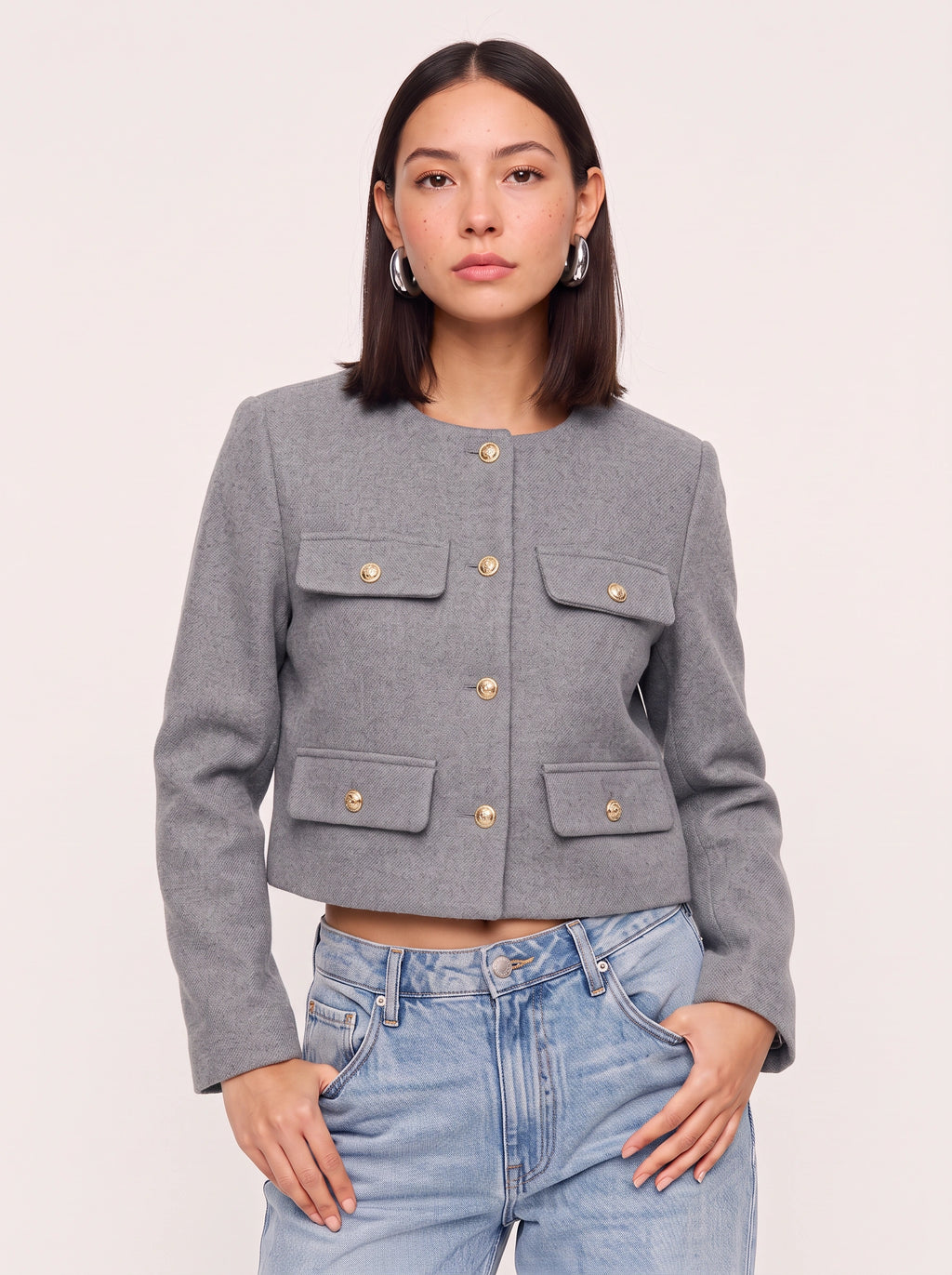 Flapoque Cropped Utility Jacket – Women Collarless Button Front Casual Office Autumn Cropped Jacket