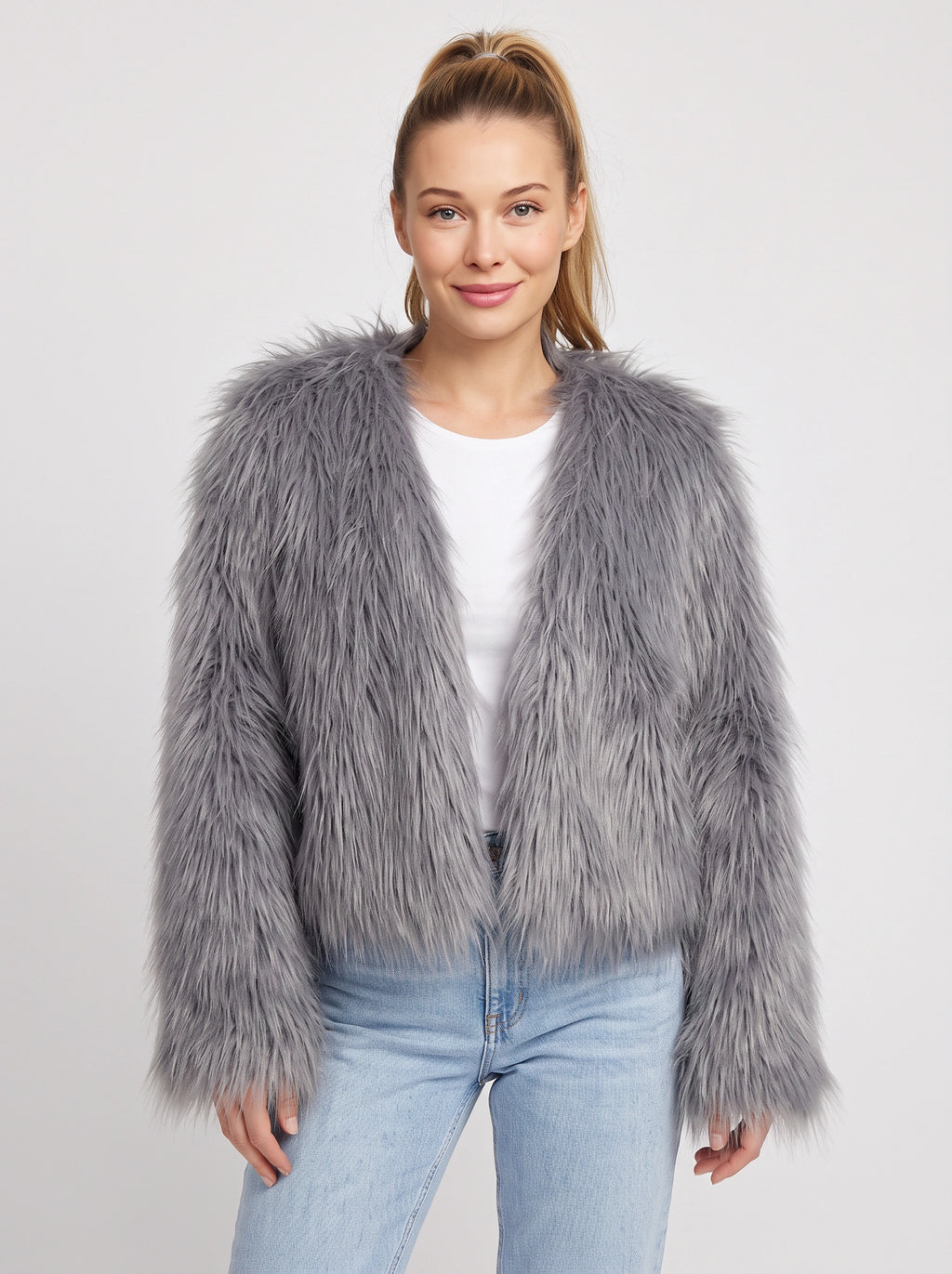 Shagtrand Faux Fur Cropped Jacket – Women Fluffy Winter Evening Party Outerwear Cropped Jacket