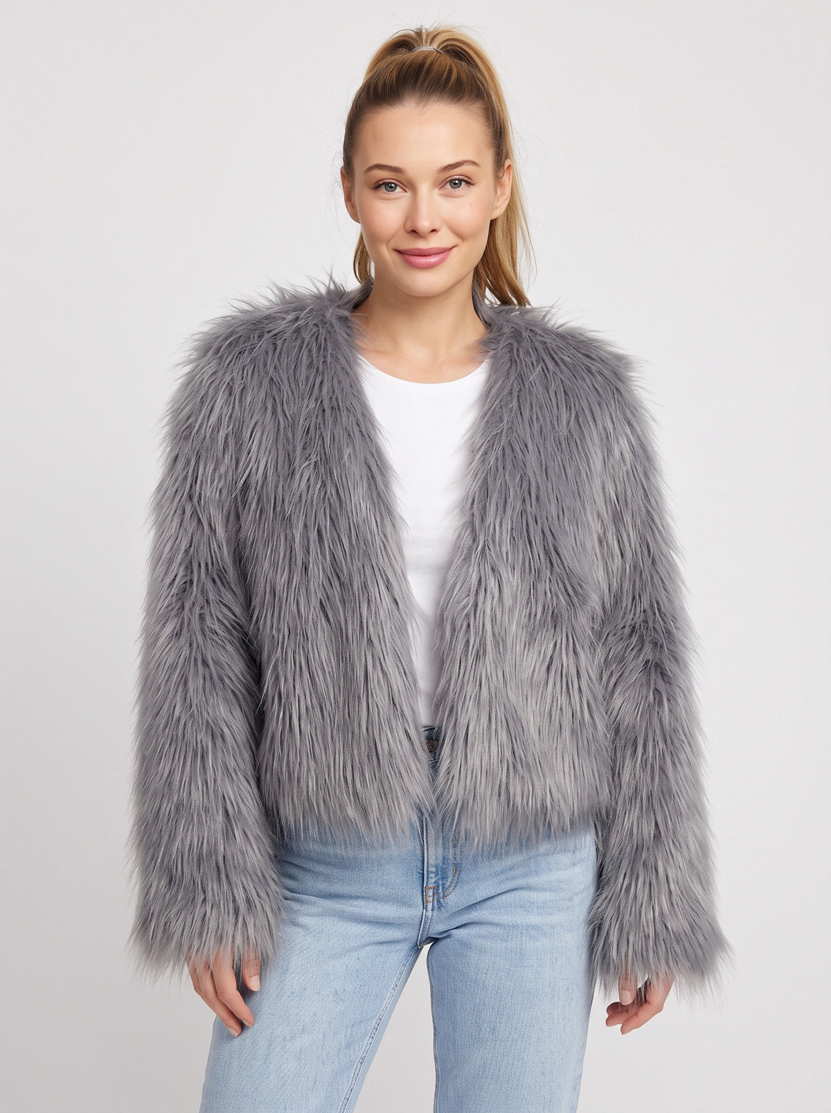 Shagtrand Faux Fur Cropped Jacket – Women Fluffy Winter Evening Party Outerwear Cropped Jacket