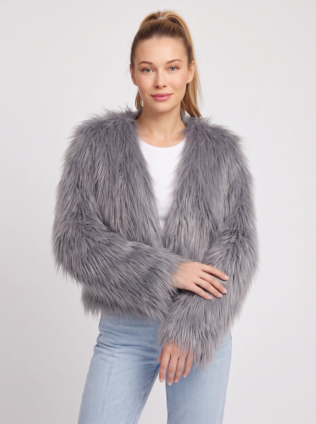 Shagtrand Faux Fur Cropped Jacket – Women Fluffy Winter Evening Party Outerwear Cropped Jacket