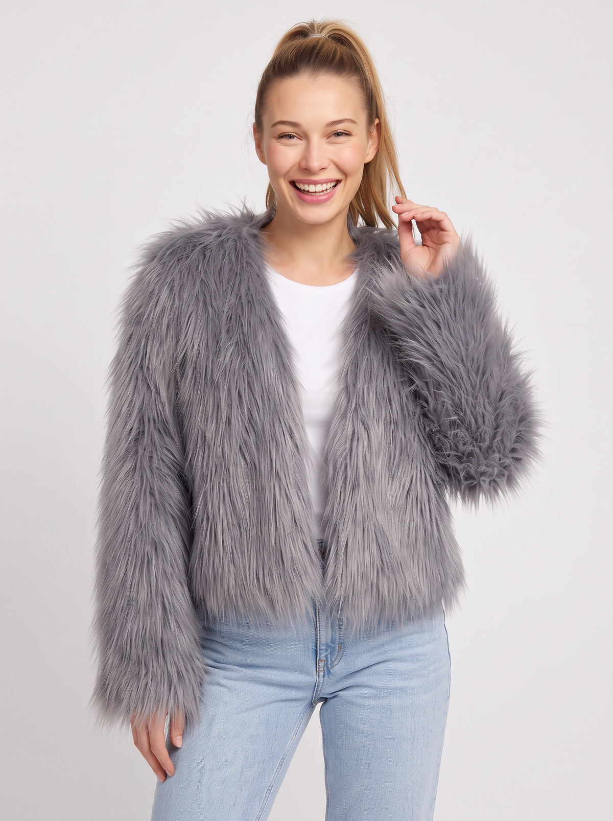 Shagtrand Faux Fur Cropped Jacket – Women Fluffy Winter Evening Party Outerwear Cropped Jacket