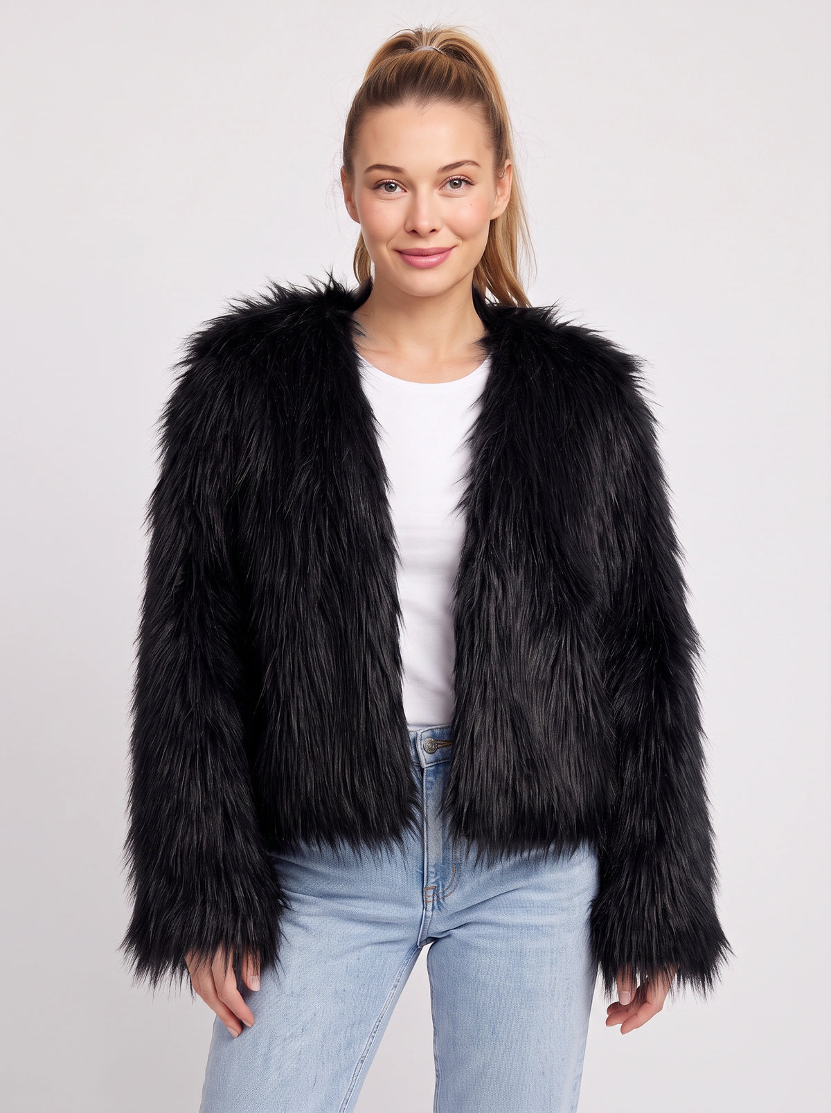 Shagtrand Faux Fur Cropped Jacket – Women Fluffy Winter Evening Party Outerwear Cropped Jacket