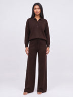 Ribcole Knit Polo Wide-Leg Trouser Co-Ord Set – Women Loungewear Casual Knitted Polo Top Matching Trousers Set