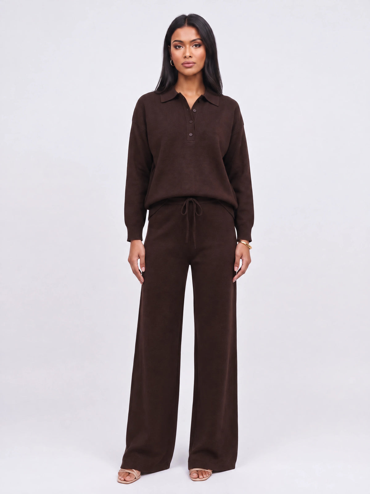Ribcole Knit Polo Wide-Leg Trouser Co-Ord Set – Women Loungewear Casual Knitted Polo Top Matching Trousers Set