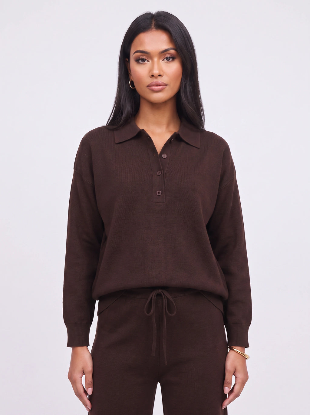 Ribcole Knit Polo Wide-Leg Trouser Co-Ord Set – Women Loungewear Casual Knitted Polo Top Matching Trousers Set