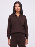 Ribcole Knit Polo Wide-Leg Trouser Co-Ord Set – Women Loungewear Casual Knitted Polo Top Matching Trousers Set