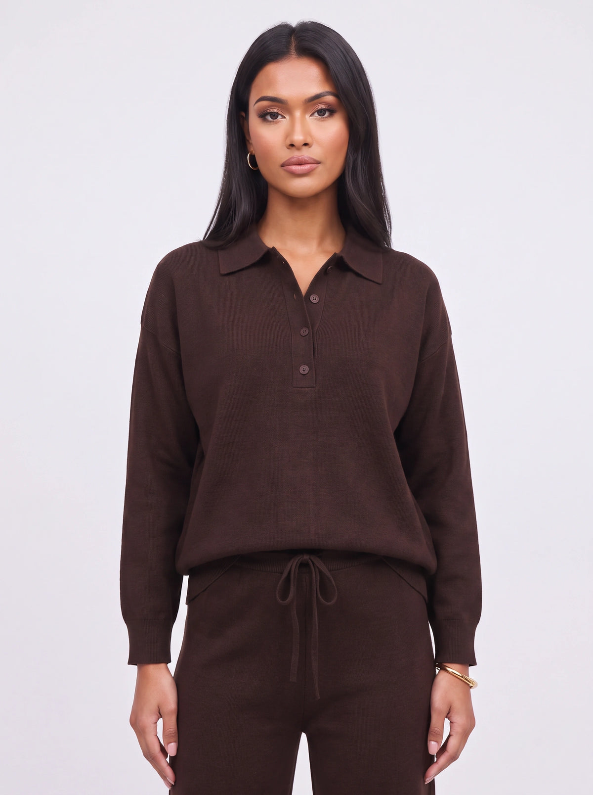 Ribcole Knit Polo Wide-Leg Trouser Co-Ord Set – Women Loungewear Casual Knitted Polo Top Matching Trousers Set