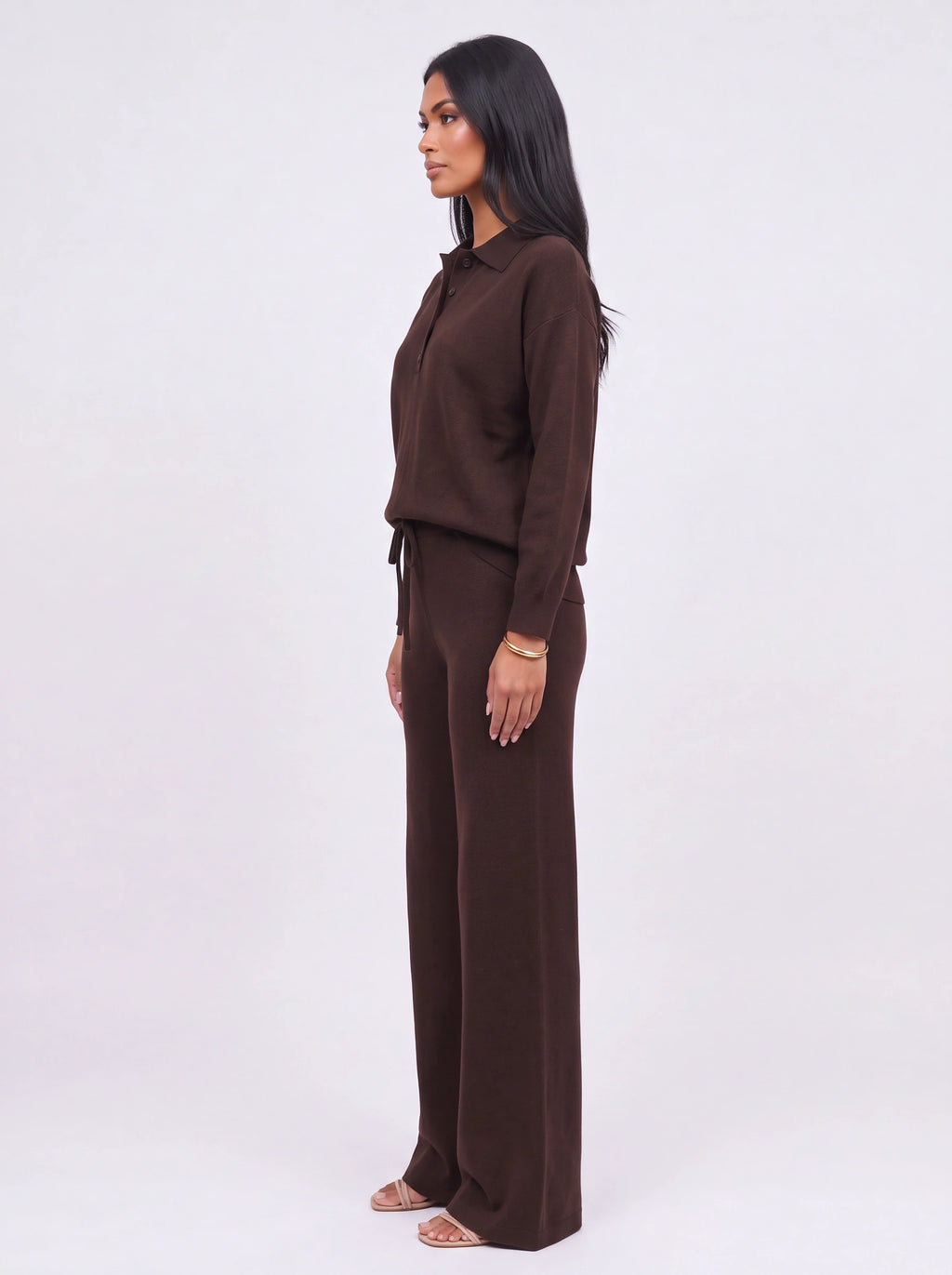Ribcole Knit Polo Wide-Leg Trouser Co-Ord Set – Women Loungewear Casual Knitted Polo Top Matching Trousers Set
