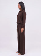 Ribcole Knit Polo Wide-Leg Trouser Co-Ord Set – Women Loungewear Casual Knitted Polo Top Matching Trousers Set