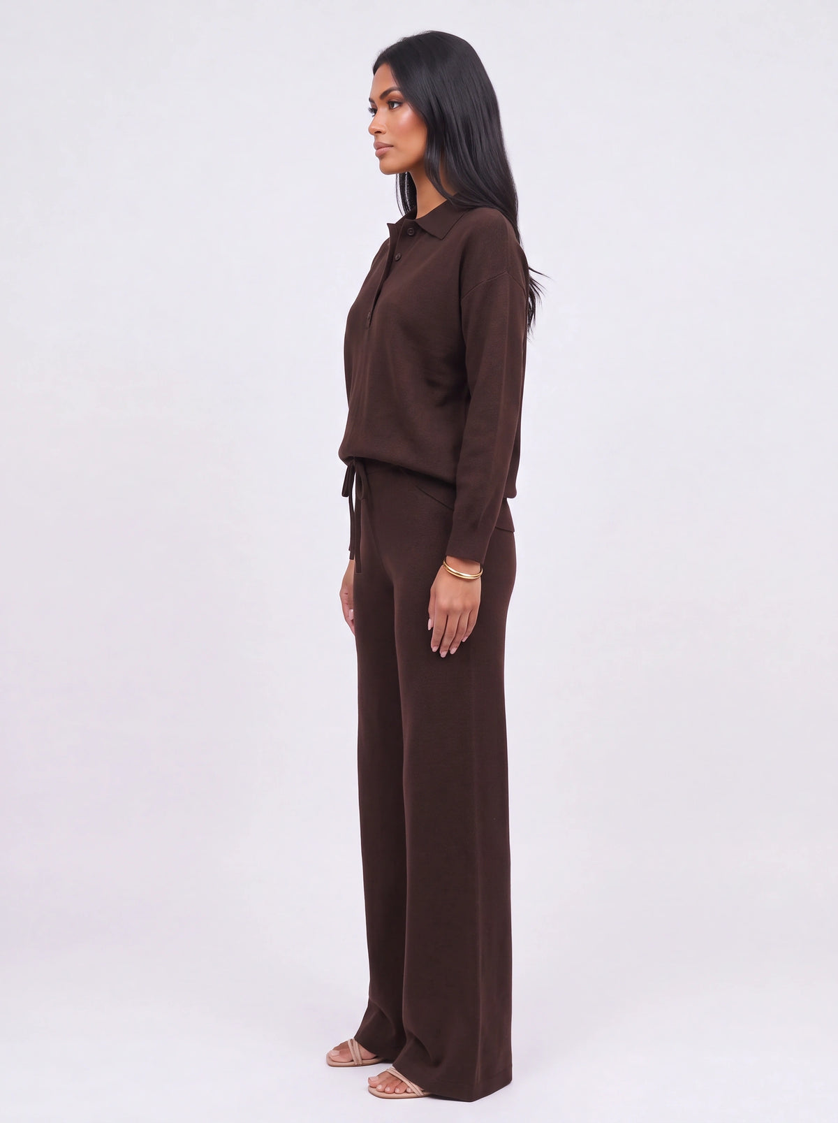 Ribcole Knit Polo Wide-Leg Trouser Co-Ord Set – Women Loungewear Casual Knitted Polo Top Matching Trousers Set