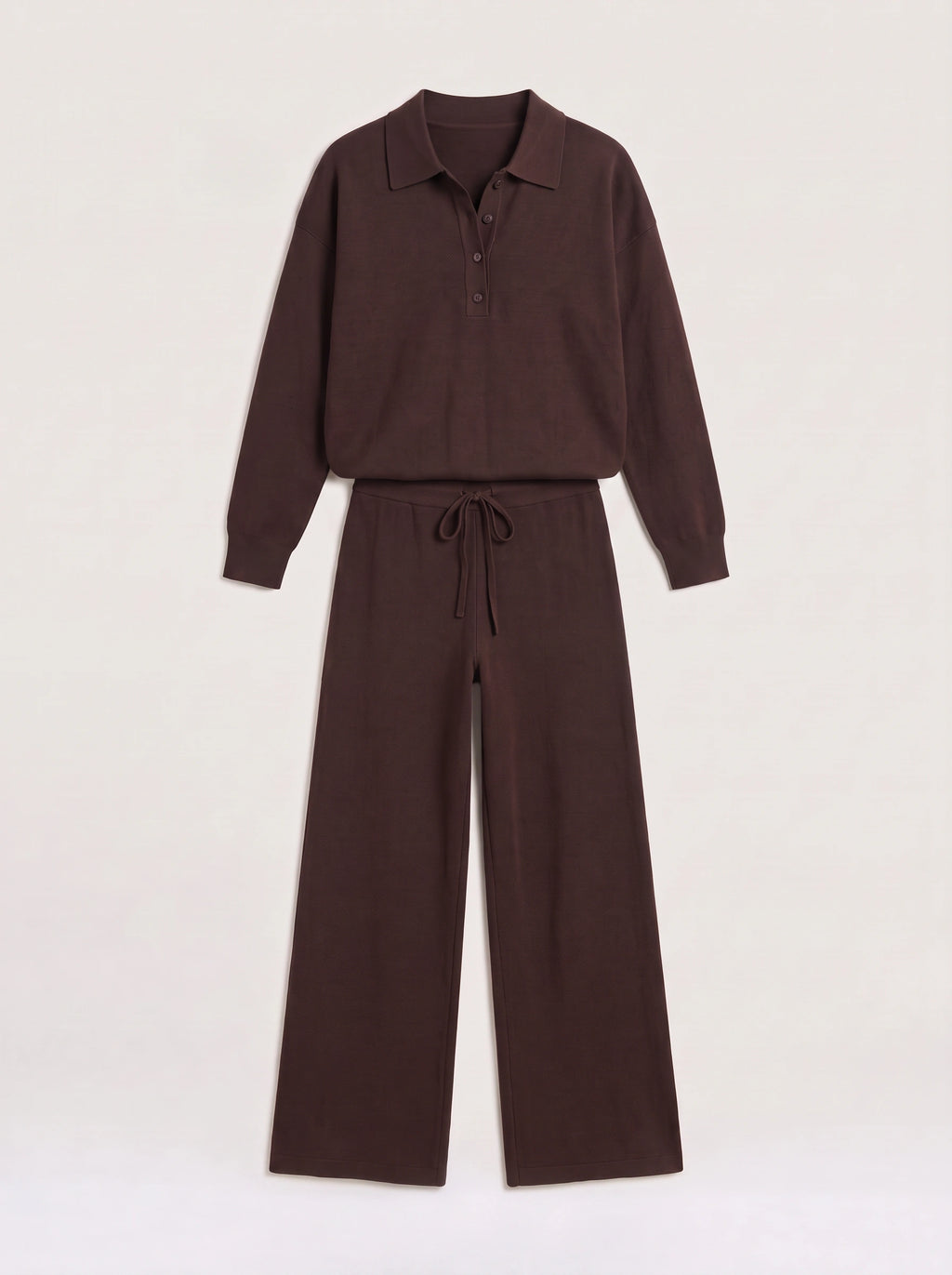 Ribcole Knit Polo Wide-Leg Trouser Co-Ord Set – Women Loungewear Casual Knitted Polo Top Matching Trousers Set