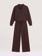 Ribcole Knit Polo Wide-Leg Trouser Co-Ord Set – Women Loungewear Casual Knitted Polo Top Matching Trousers Set