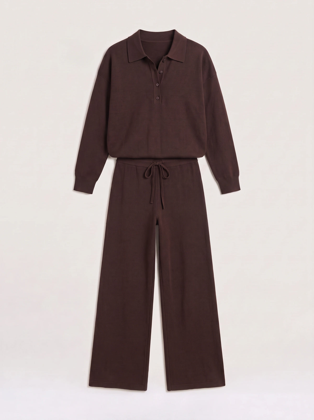 Ribcole Knit Polo Wide-Leg Trouser Co-Ord Set – Women Loungewear Casual Knitted Polo Top Matching Trousers Set