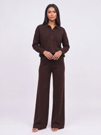 Ribcole Knit Polo Wide-Leg Trouser Co-Ord Set – Women Loungewear Casual Knitted Polo Top Matching Trousers Set
