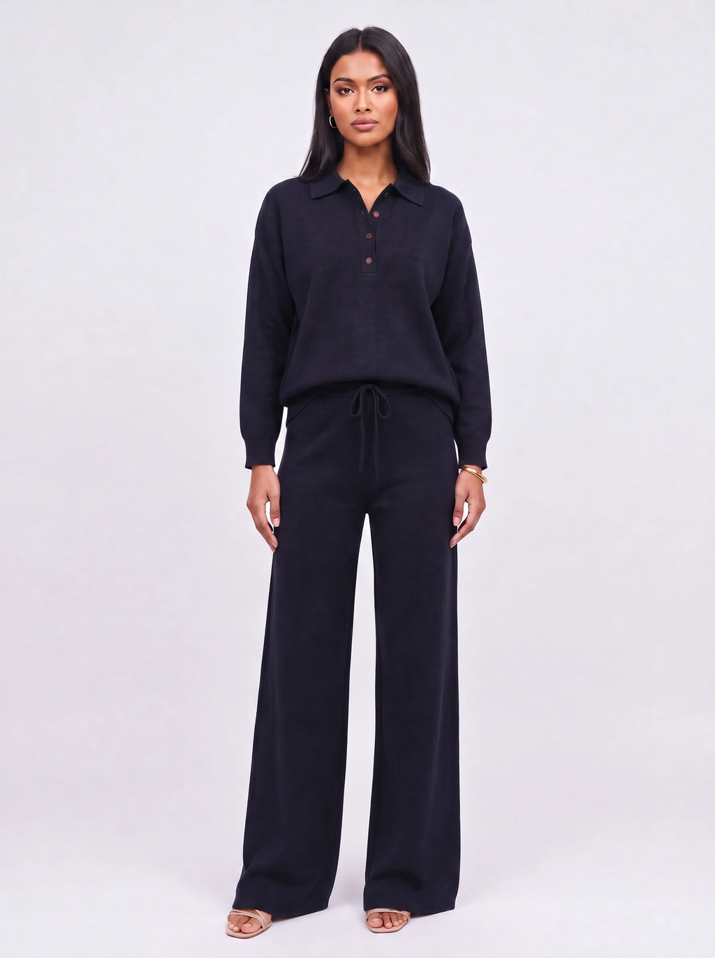 Ribcole Knit Polo Wide-Leg Trouser Co-Ord Set – Women Loungewear Casual Knitted Polo Top Matching Trousers Set