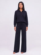 Ribcole Knit Polo Wide-Leg Trouser Co-Ord Set – Women Loungewear Casual Knitted Polo Top Matching Trousers Set