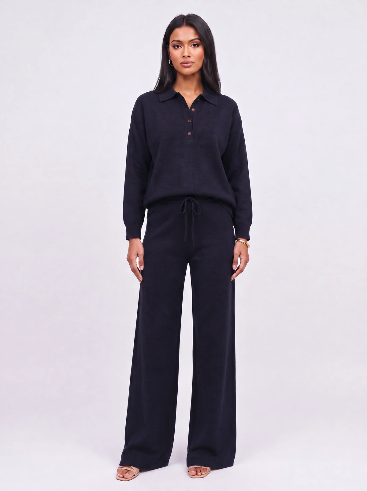 Ribcole Knit Polo Wide-Leg Trouser Co-Ord Set – Women Loungewear Casual Knitted Polo Top Matching Trousers Set