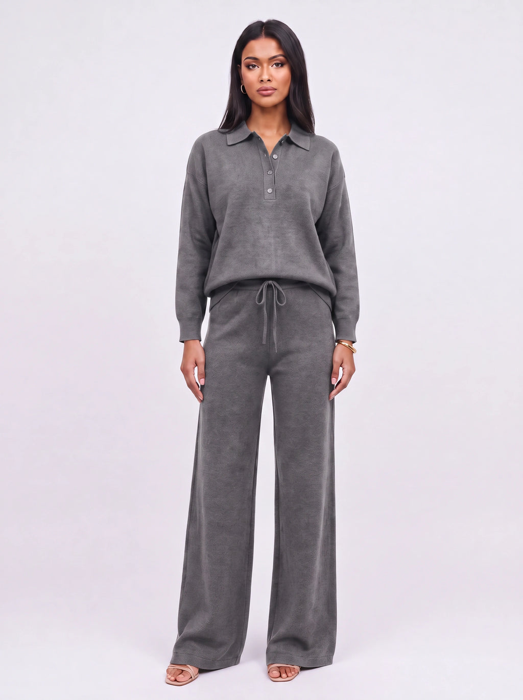 Ribcole Knit Polo Wide-Leg Trouser Co-Ord Set – Women Loungewear Casual Knitted Polo Top Matching Trousers Set
