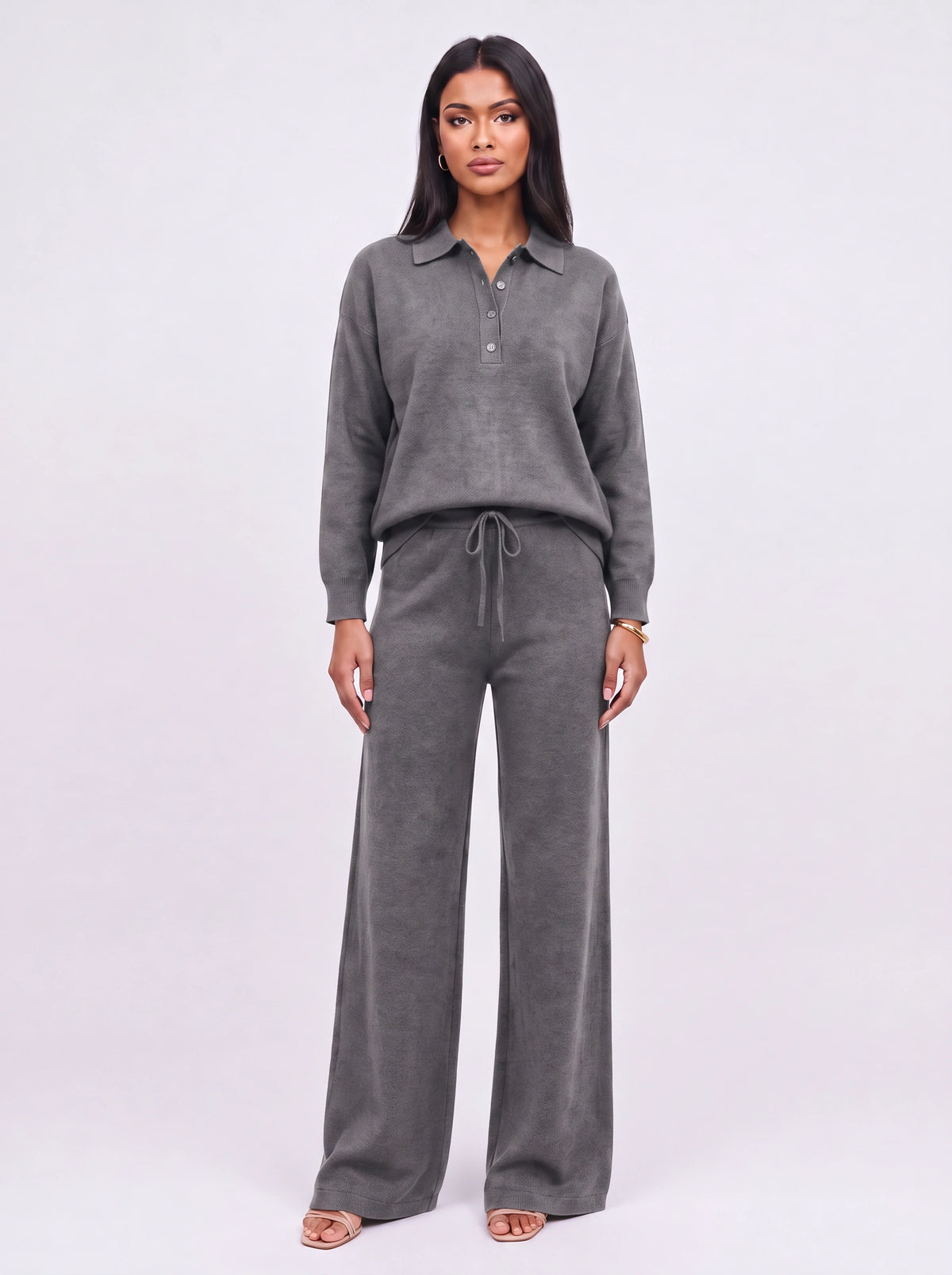 Ribcole Knit Polo Wide-Leg Trouser Co-Ord Set – Women Loungewear Casual Knitted Polo Top Matching Trousers Set
