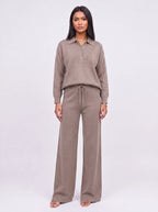 Ribcole Knit Polo Wide-Leg Trouser Co-Ord Set – Women Loungewear Casual Knitted Polo Top Matching Trousers Set