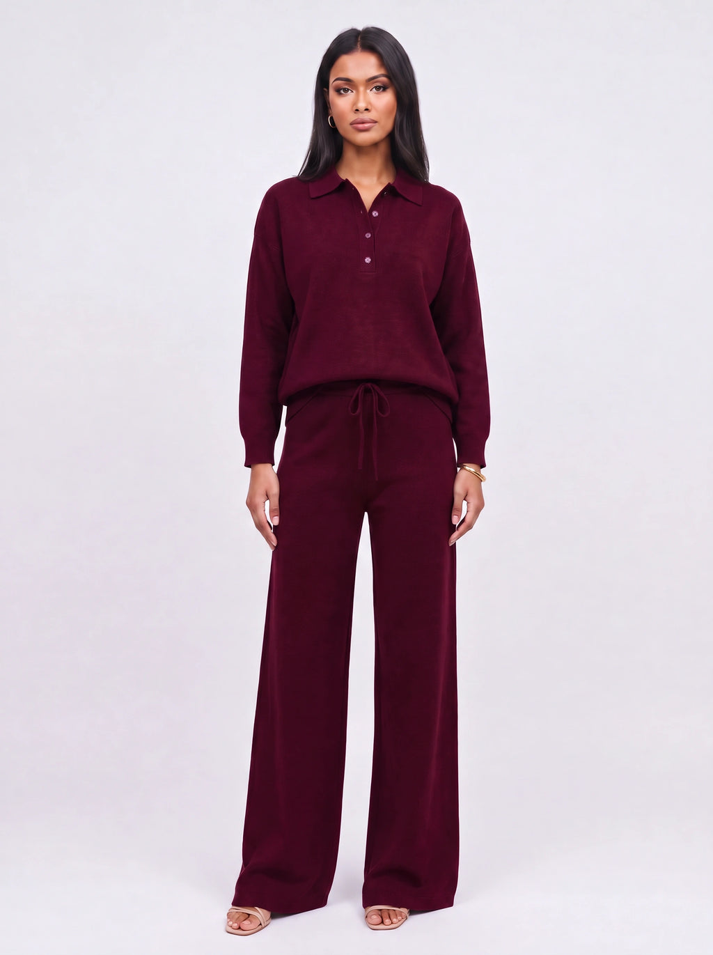 Ribcole Knit Polo Wide-Leg Trouser Co-Ord Set – Women Loungewear Casual Knitted Polo Top Matching Trousers Set