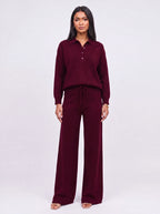 Ribcole Knit Polo Wide-Leg Trouser Co-Ord Set – Women Loungewear Casual Knitted Polo Top Matching Trousers Set