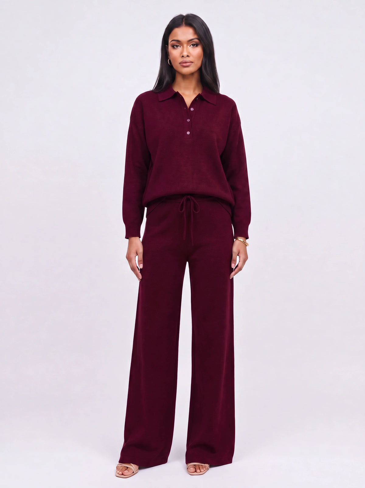 Ribcole Knit Polo Wide-Leg Trouser Co-Ord Set – Women Loungewear Casual Knitted Polo Top Matching Trousers Set