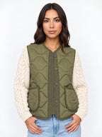 Wavelta Wave-Quilted Gilet Cable-Knit Sleeve Jacket – Padded Button-Front Women Casual Layering Gilet