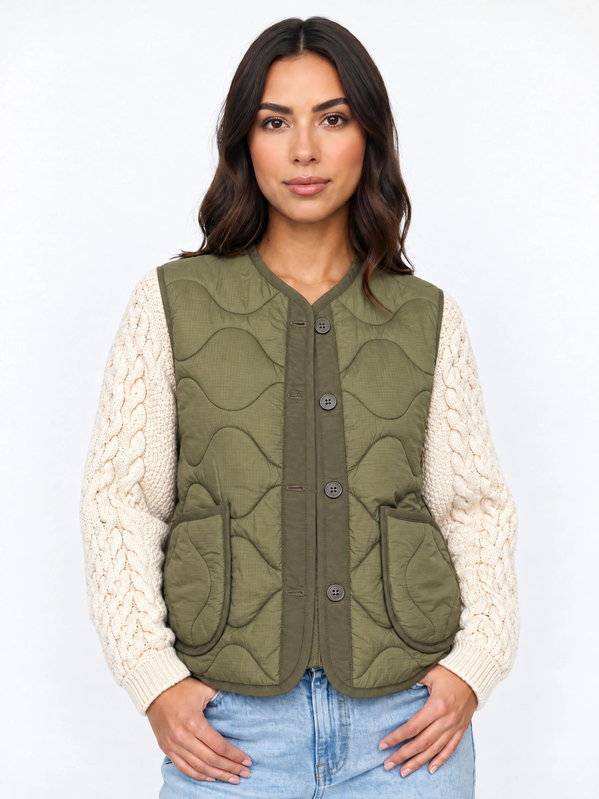 Wavelta Wave-Quilted Gilet Cable-Knit Sleeve Jacket – Padded Button-Front Women Casual Layering Gilet