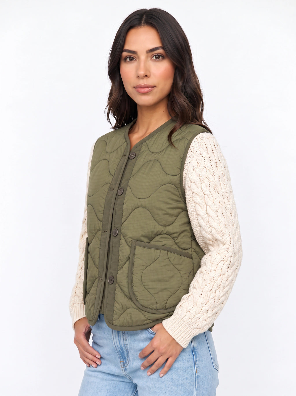 Wavelta Wave-Quilted Gilet Cable-Knit Sleeve Jacket – Padded Button-Front Women Casual Layering Gilet